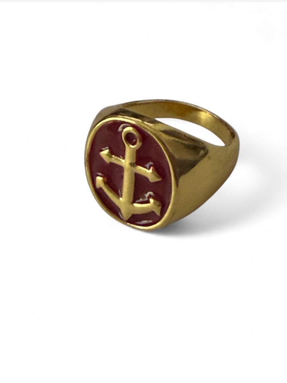 Gold Anchor Signet Ring with Red Enamel Accent size 11